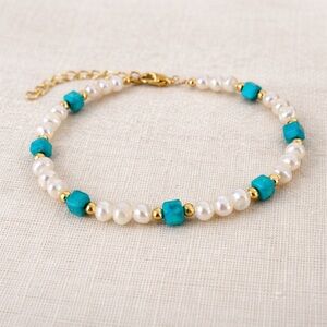 Turquoise & freshwater pearl wire wrap bracelet, artisan crafted, adjustable
